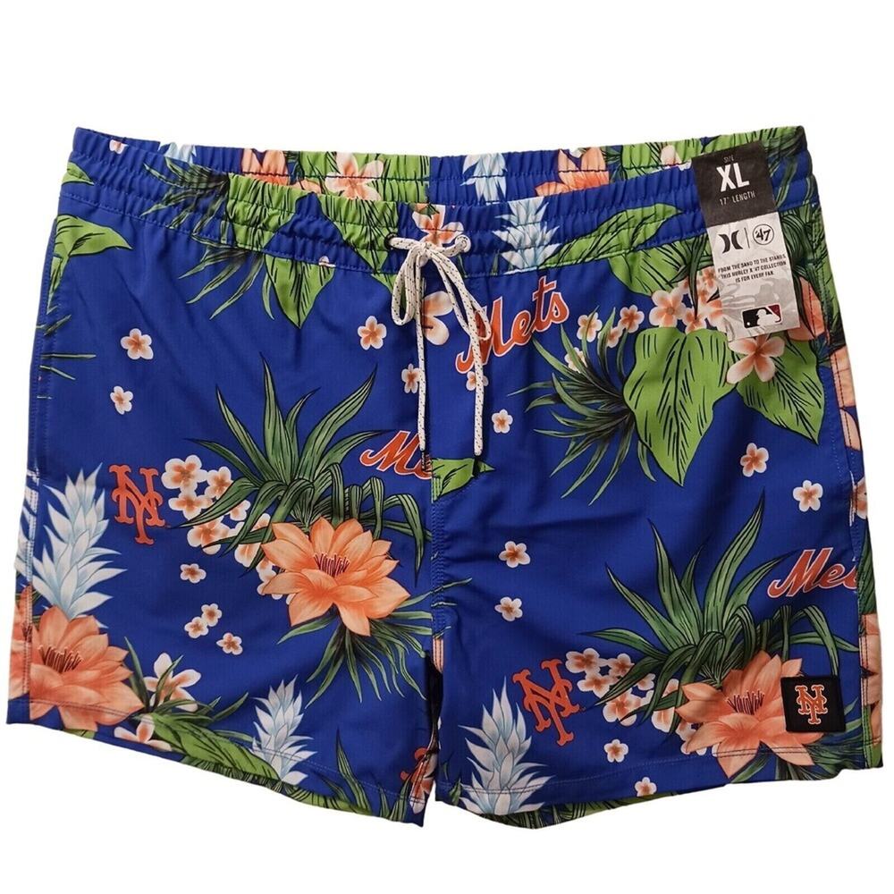 Hurley Swim Trunks MLB NEW YORK METS Men's XL BLUE Tropical Floral Board Shorts